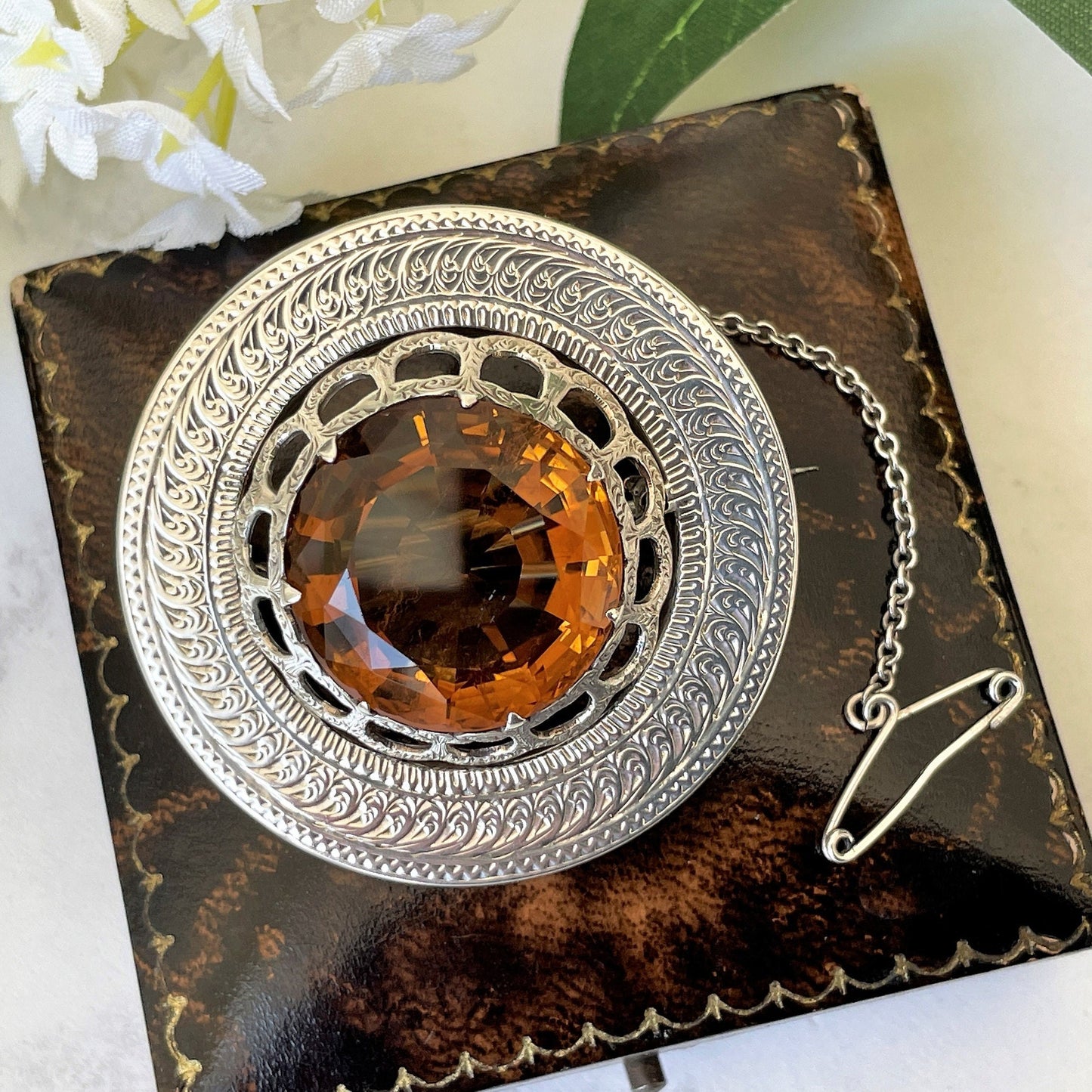 Antique Victorian Scottish Cairngorm Silver Brooch. 24 Ct. Citrine Gemstone Round Brooch. Aesthetic Engraved Silver Tartan Fly Brooch c1860