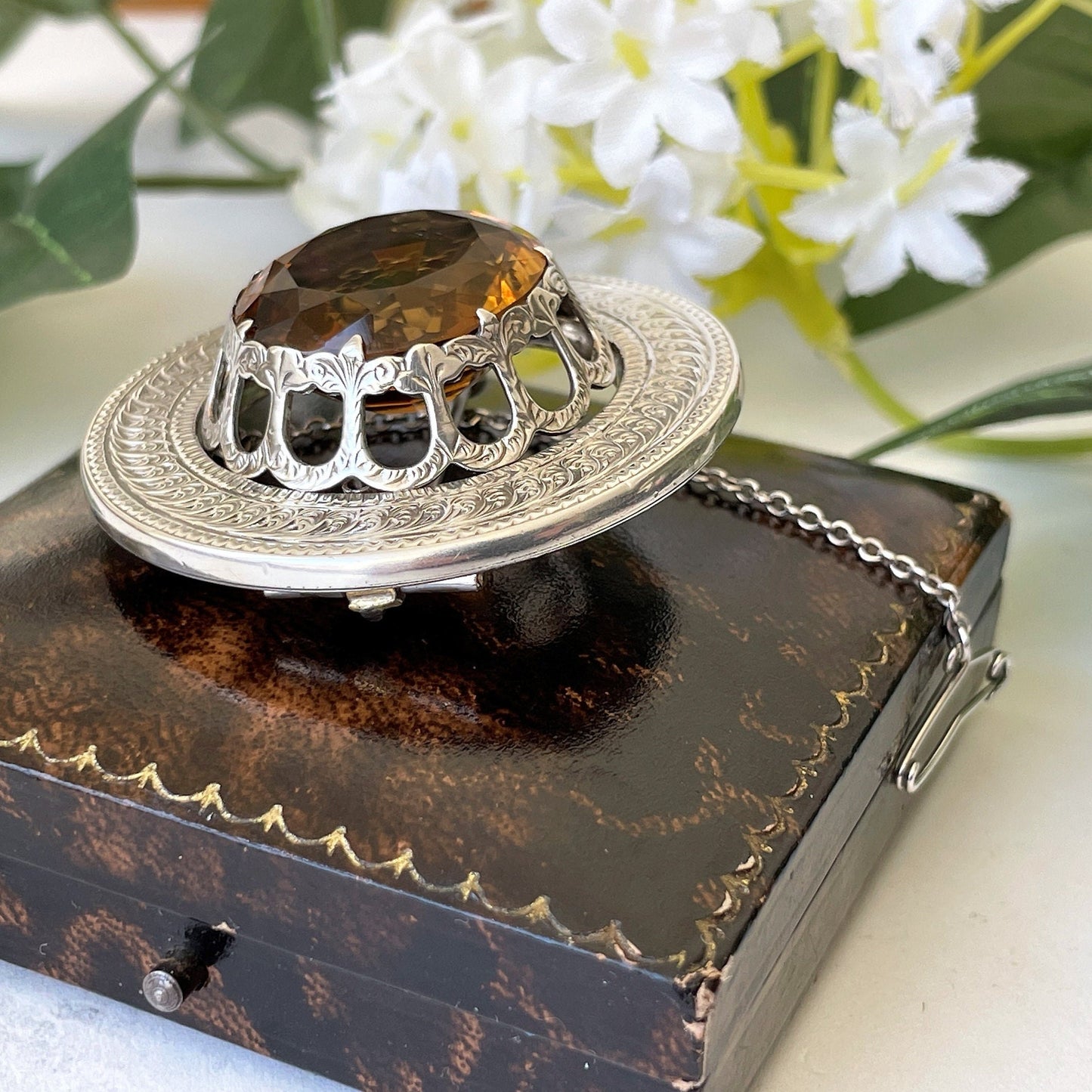Antique Victorian Scottish Cairngorm Silver Brooch. 24 Ct. Citrine Gemstone Round Brooch. Aesthetic Engraved Silver Tartan Fly Brooch c1860