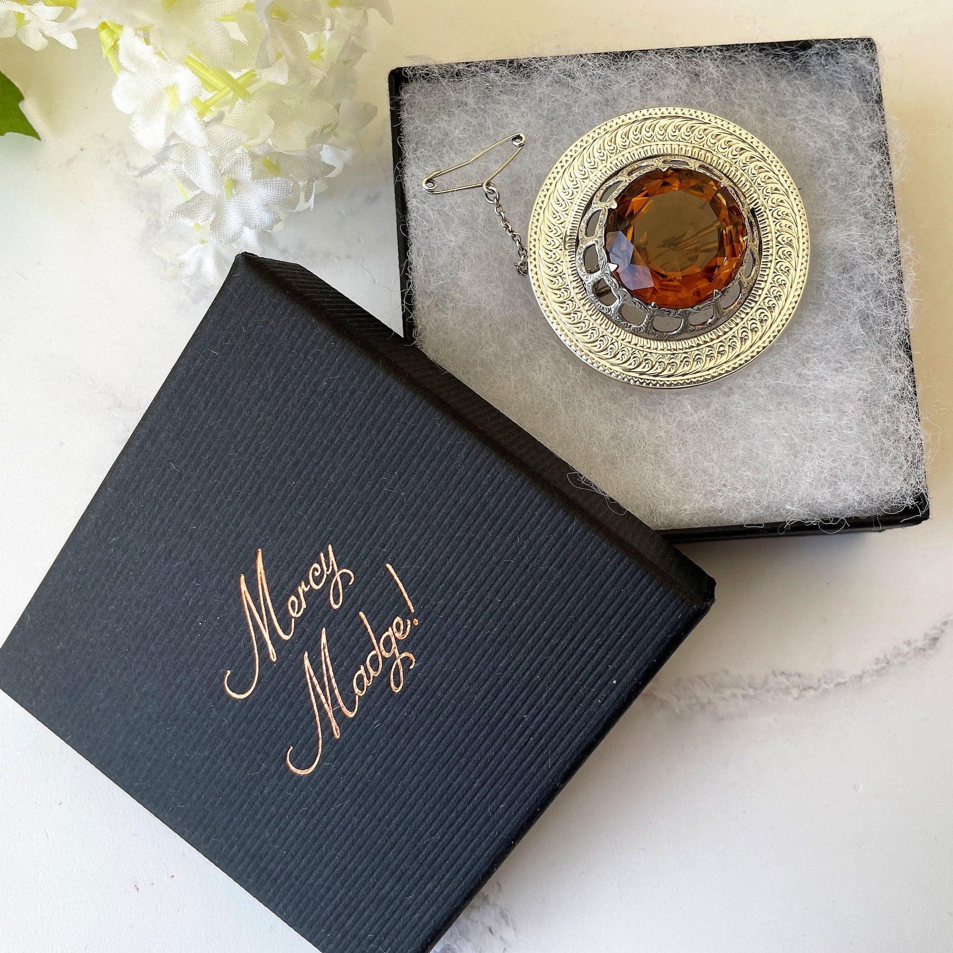 Antique Victorian Scottish Cairngorm Silver Brooch. 24 Ct. Citrine Gemstone Round Brooch. Aesthetic Engraved Silver Tartan Fly Brooch c1860
