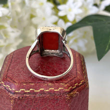 Charger l&#39;image dans la galerie, Antique Art Deco Silver Coral Ring. Vintage 1930s Red Coral Sugarloaf Cabochon Sterling Silver Ring. Vintage Cocktail Ring, Size O UK/ US 7
