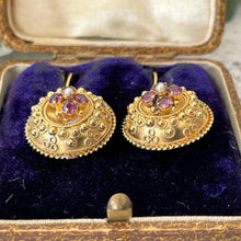 Load image into Gallery viewer, Antique Victorian 9ct Gold Garnet &amp; Pearl Earrings. Etruscan Revival Rose Pink Rhodolite Garnet Gold Earrings. Victorian Target Earrings
