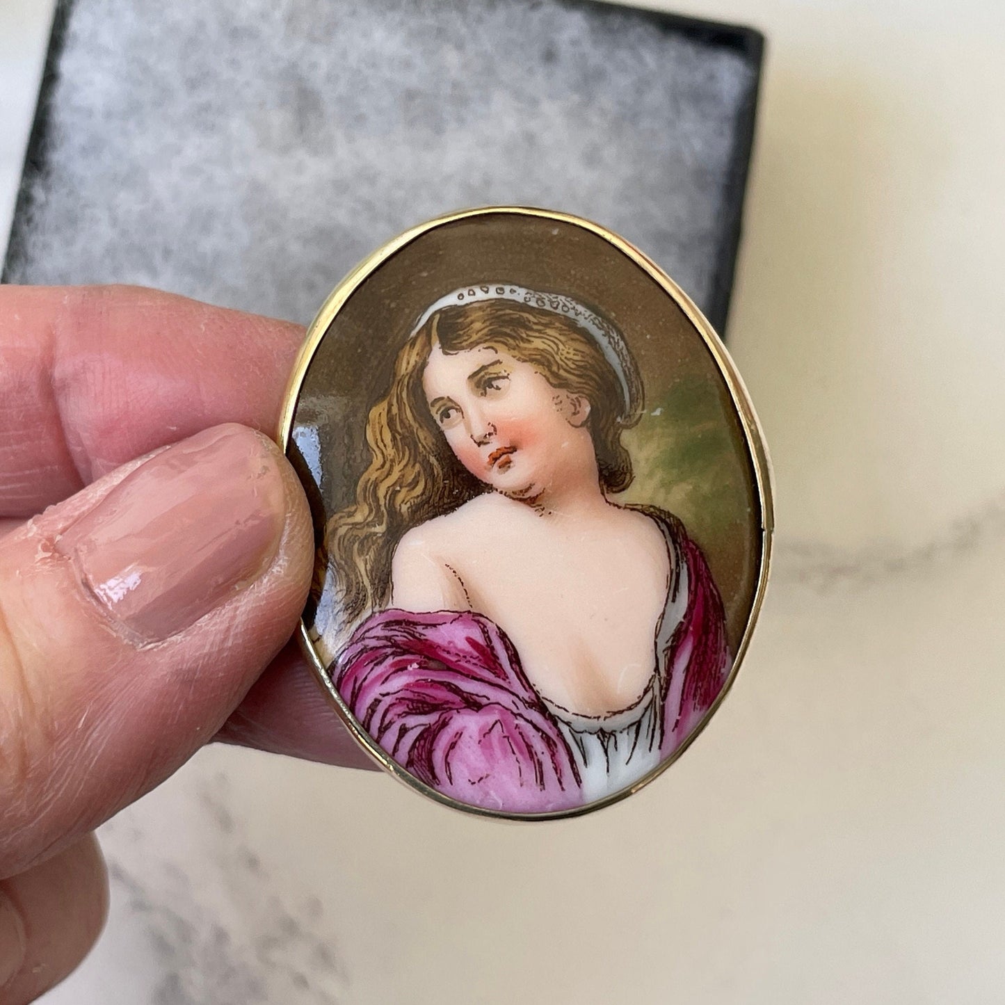 Antique Victorian Hand Painted Miniature Portrait Rolled Gold Brooch. Painted Porcelain Plaque Of A Gypsy Lady. Rolled Gold Portrait Brooch