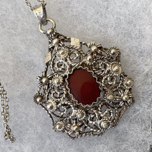 Load image into Gallery viewer, Antique Edwardian Silver Filigree &amp; Coral Pendant Necklace. Victorian Arts and Crafts Sterling Silver Filigree Pendant On Original Chain
