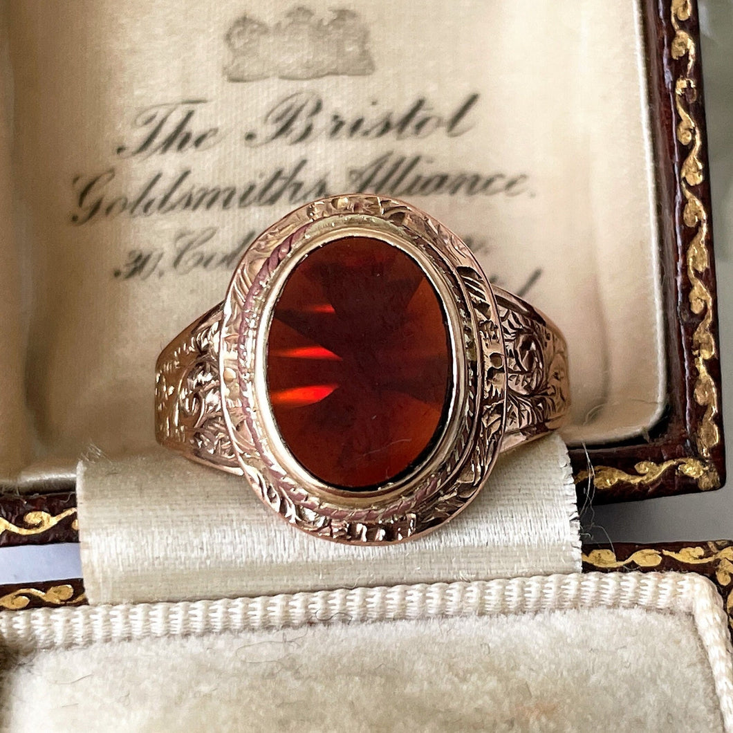 Antique Victorian 9ct Gold Garnet Ring. English Neoclassical Red Garnet Signet Ring. Engraved 9ct Rose Gold Bishop Style Ring Size Q UK/8 US