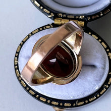 Load image into Gallery viewer, Antique Victorian 9ct Gold Garnet Ring. English Neoclassical Red Garnet Signet Ring. Engraved 9ct Rose Gold Bishop Style Ring Size Q UK/8 US

