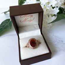 Load image into Gallery viewer, Antique Victorian 9ct Gold Garnet Ring. English Neoclassical Red Garnet Signet Ring. Engraved 9ct Rose Gold Bishop Style Ring Size Q UK/8 US
