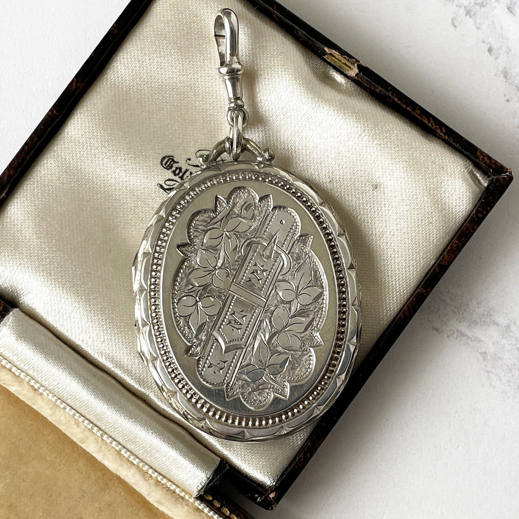 Antique Victorian Sterling Silver Locket With Dog Clip. Large Aesthetic Engraved Belt Buckle Ivy Locket. 2-Sided Silver Book Chain Locket