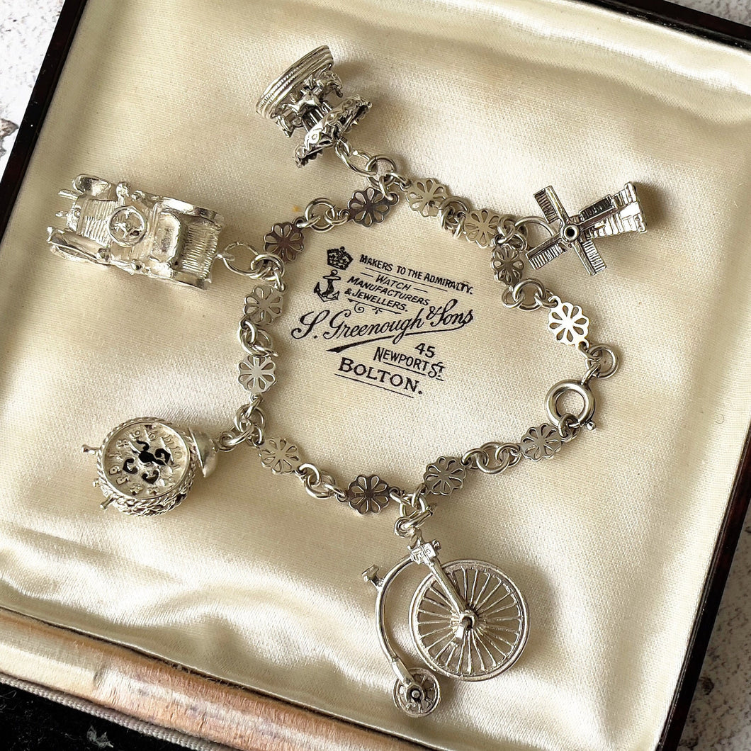 Vintage English Silver Daisy Chain Charm Bracelet. All Original 1960s Sterling Silver Bracelet, 5 Rare Nuvo Mechanical Charms.