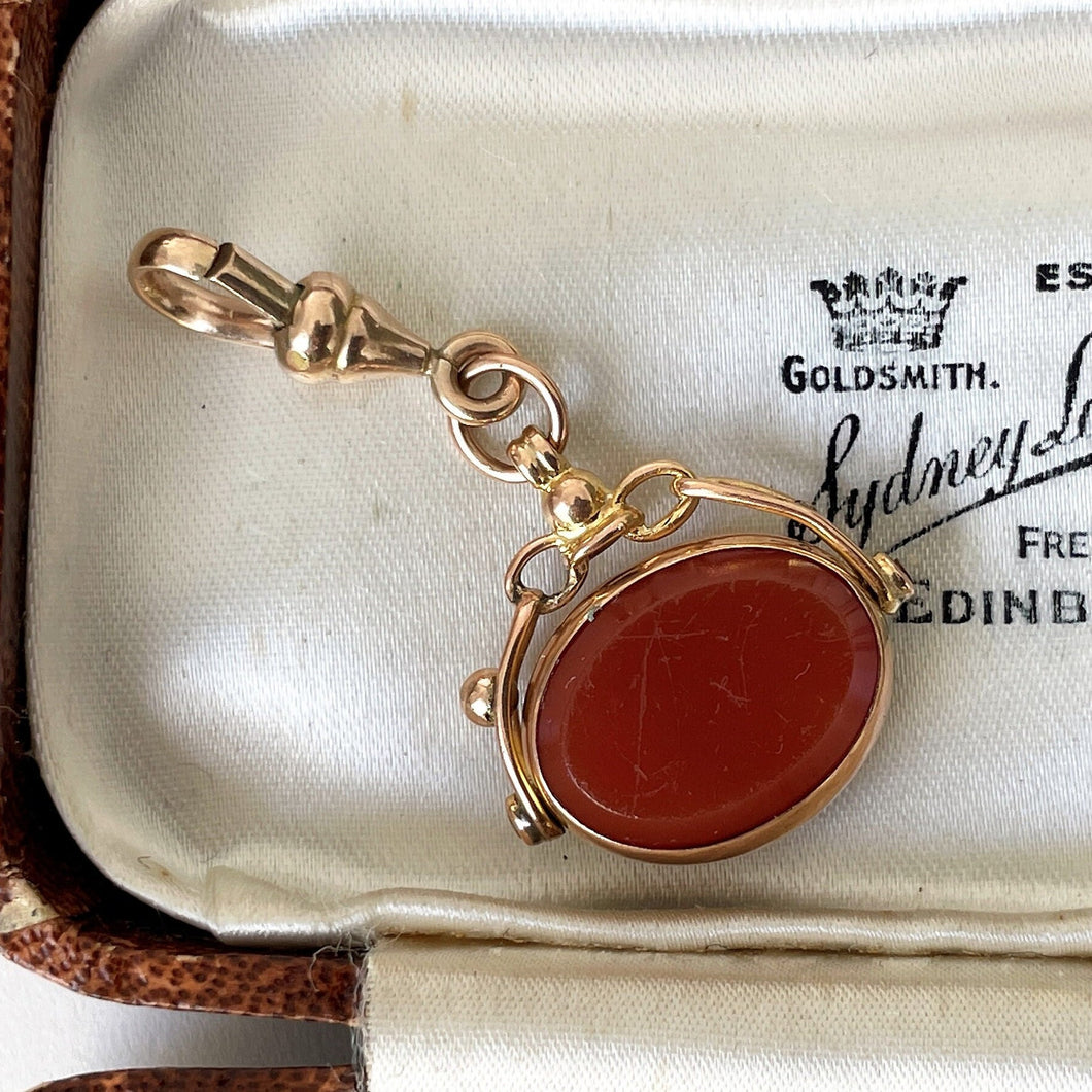 Antique 9ct Gold Spinner Fob Pendant With Dog Clip Bale. Scottish Carnelian & Bloodstone Necklace Pendant Charm, Hallmarked Chester 1925