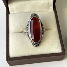 Load image into Gallery viewer, Antique Art Deco Carnelian Ring. French Sterling Silver Marcasite Oval Cut Cabochon Ring. Vintage 1930s Cocktail Ring. Size 7.5 US, UK P
