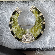 Load image into Gallery viewer, Antique Victorian Scottish Iona Marble Horseshoe Brooch. Rare Lucky Green Agate Engraved Sterling Silver Figural Brooch/Lapel Pin.
