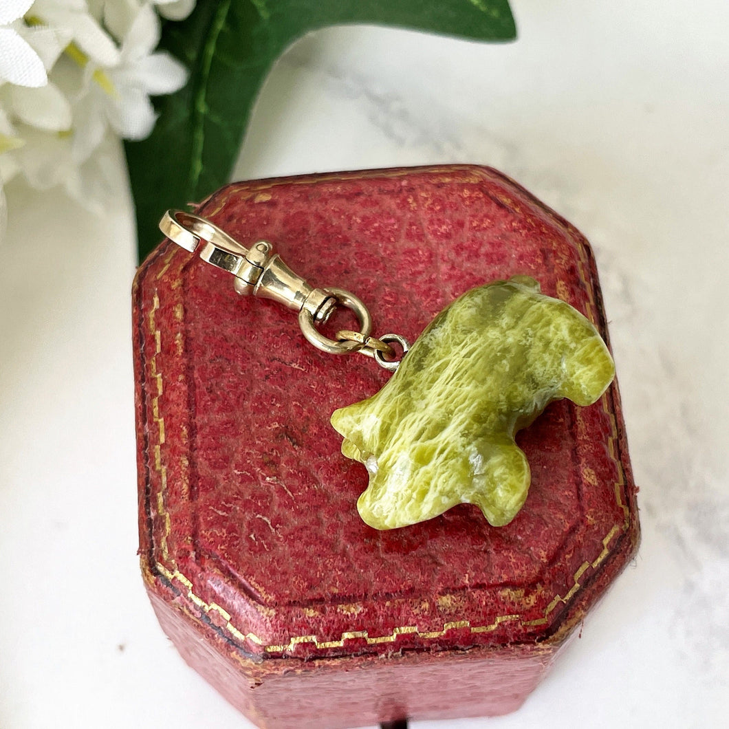 Victorian Carved Connemara Marble Pig Pendant Charm With Dog Clip. Antique Lucky Green Pig Necklace Pendant. Irish Green Good Luck Charm