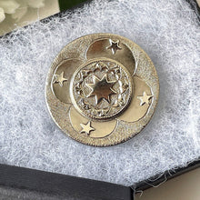 Lade das Bild in den Galerie-Viewer, Antique Victorian Silver Celestial Brooch. Engraved Moon &amp; Star Round Disc Brooch. Antique Sterling Silver Lapel/Collar/Cravat/Stock Pin
