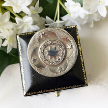 Load image into Gallery viewer, Antique Victorian Silver Celestial Brooch. Engraved Moon &amp; Star Round Disc Brooch. Antique Sterling Silver Lapel/Collar/Cravat/Stock Pin
