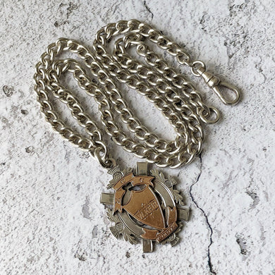 Victorian Heavy Sterling Silver Pocket Watch Chain Necklace. Antique Scottish Crest Pendant Fob & Double Albert Curb Link Watch Chain.