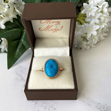 Load image into Gallery viewer, Vintage 9ct Gold Turquoise Ring. Neoclassical Yellow Gold Ring. Large Turquoise Cabochon Statement Ring. Vintage 1970s Cocktail Ring

