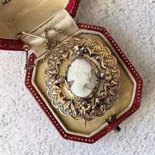 Load image into Gallery viewer, Antique Victorian Art Nouveau Cameo Brooch. 9ct Gold Carved Coral &amp; Pearl Brooch. Oval Engraved Gold Lapel Pin, Alternative Sock/Cravat Pin
