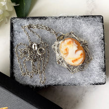Load image into Gallery viewer, Antique Sterling Silver Carved Shell Cameo Necklace. Edwardian Art Nouveau Cameo Pendant &amp; Chain Necklace. Antique Edwardian Jewellery
