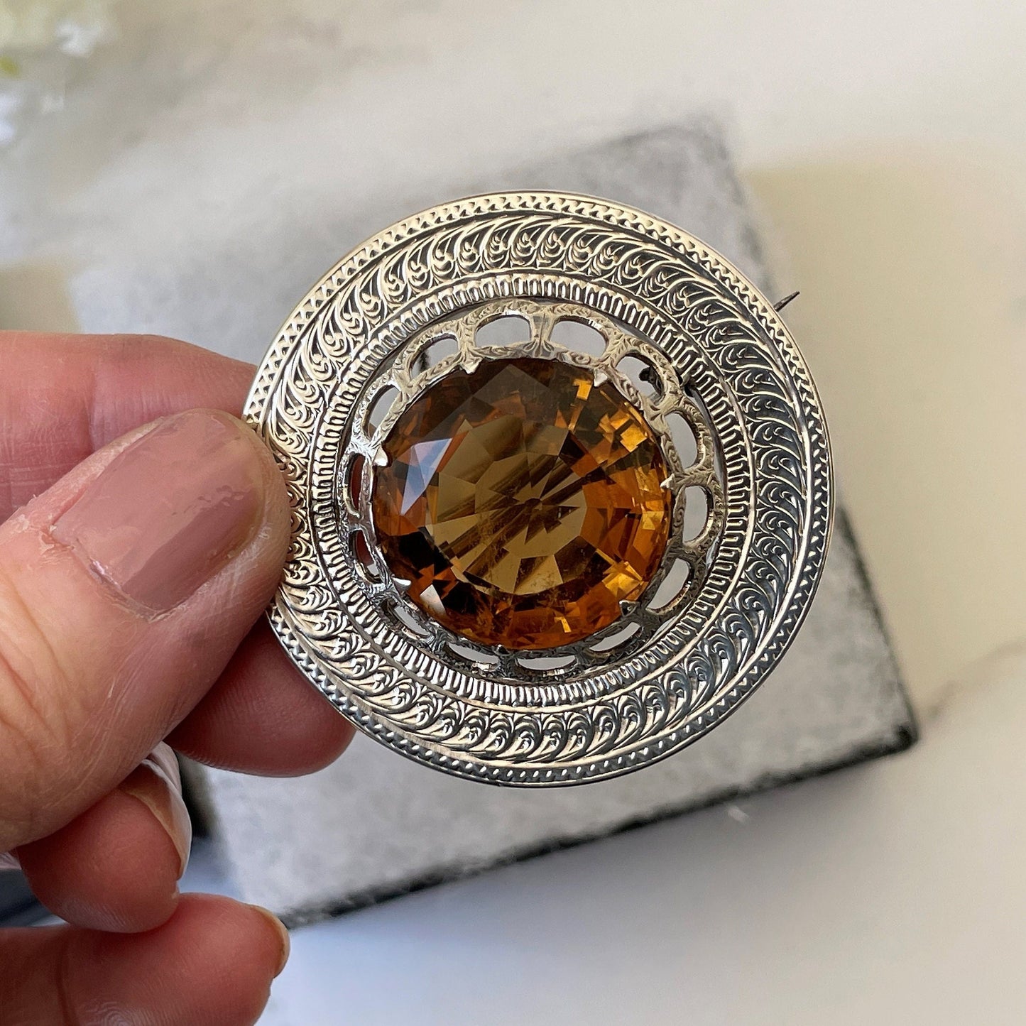 Antique Victorian Scottish Cairngorm Silver Brooch. 24 Ct. Citrine Gemstone Round Brooch. Aesthetic Engraved Silver Tartan Fly Brooch c1860