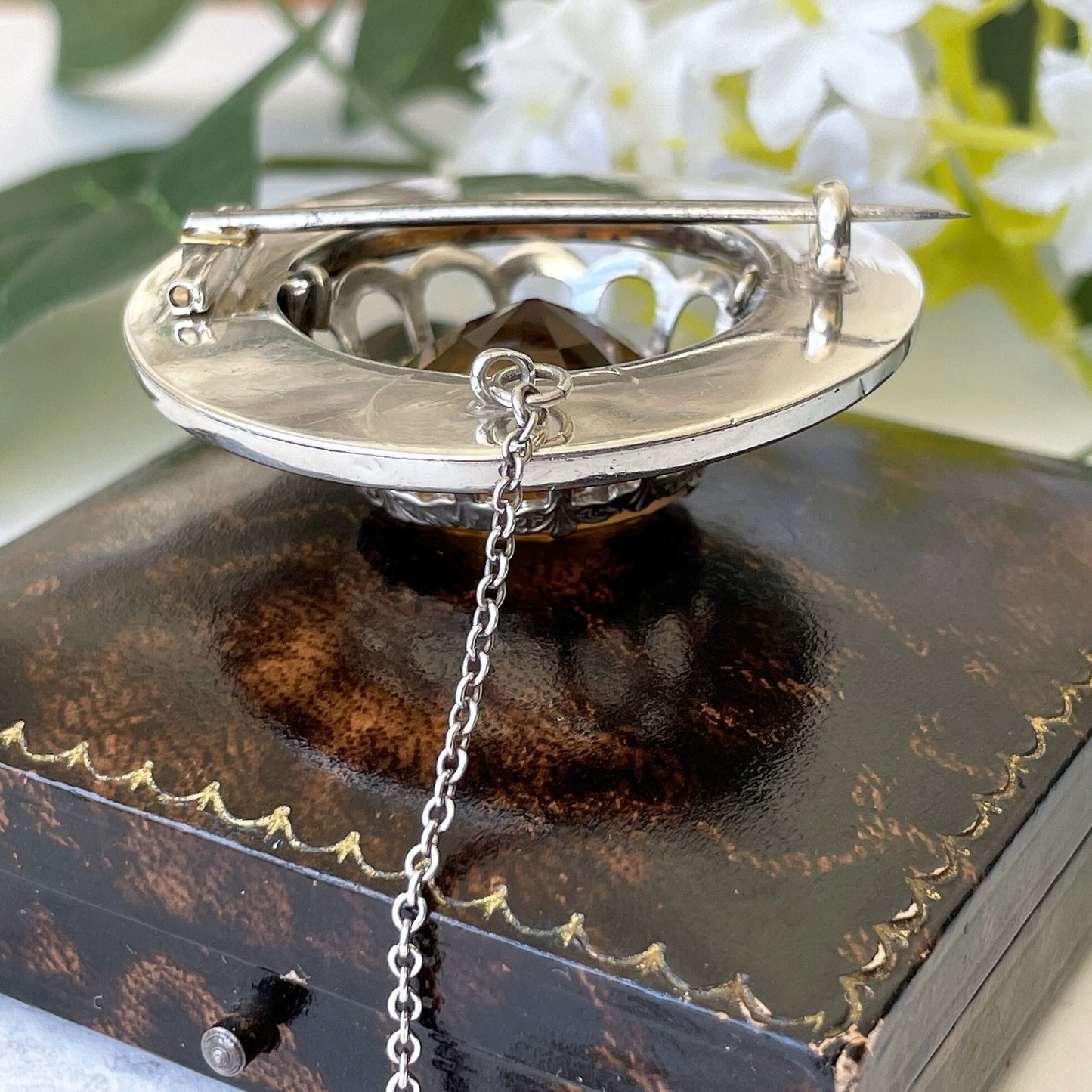 Antique Victorian Scottish Cairngorm Silver Brooch. 24 Ct. Citrine Gemstone Round Brooch. Aesthetic Engraved Silver Tartan Fly Brooch c1860