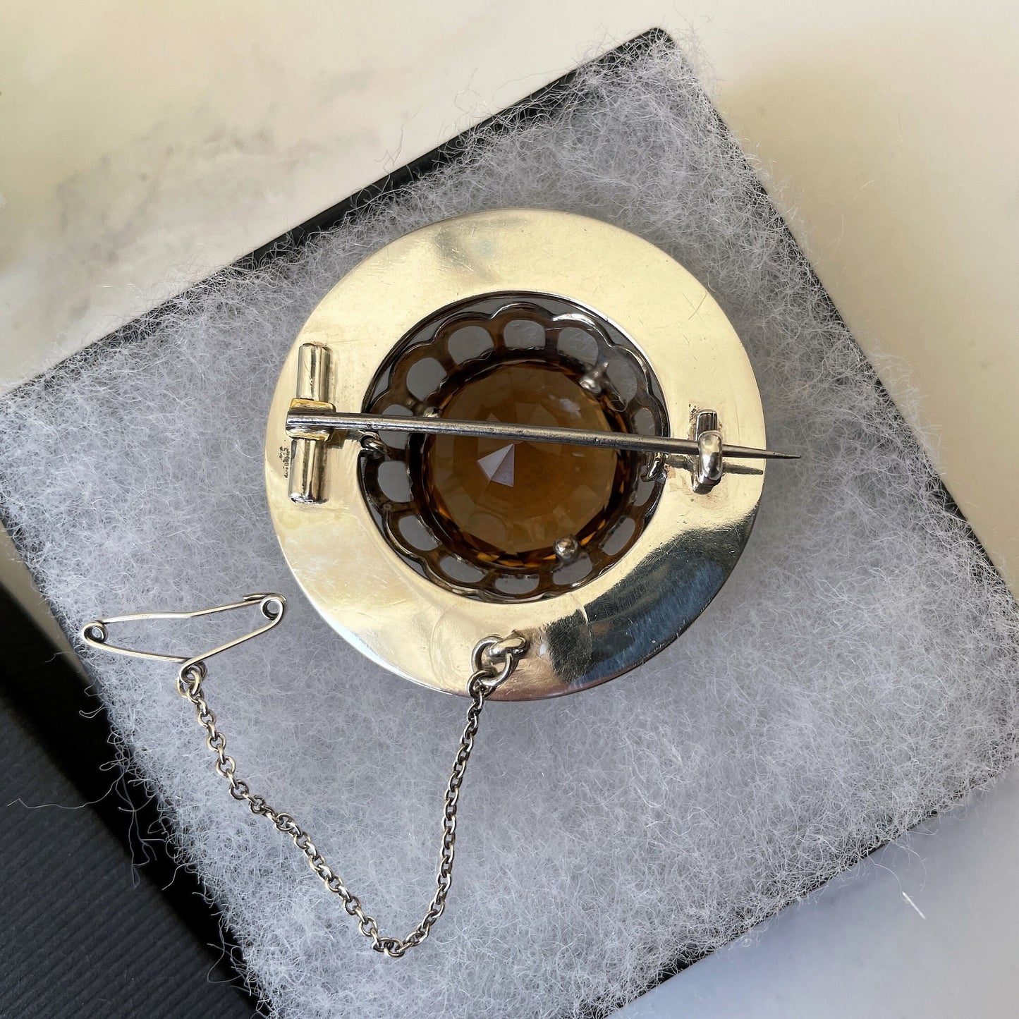 Antique Victorian Scottish Cairngorm Silver Brooch. 24 Ct. Citrine Gemstone Round Brooch. Aesthetic Engraved Silver Tartan Fly Brooch c1860