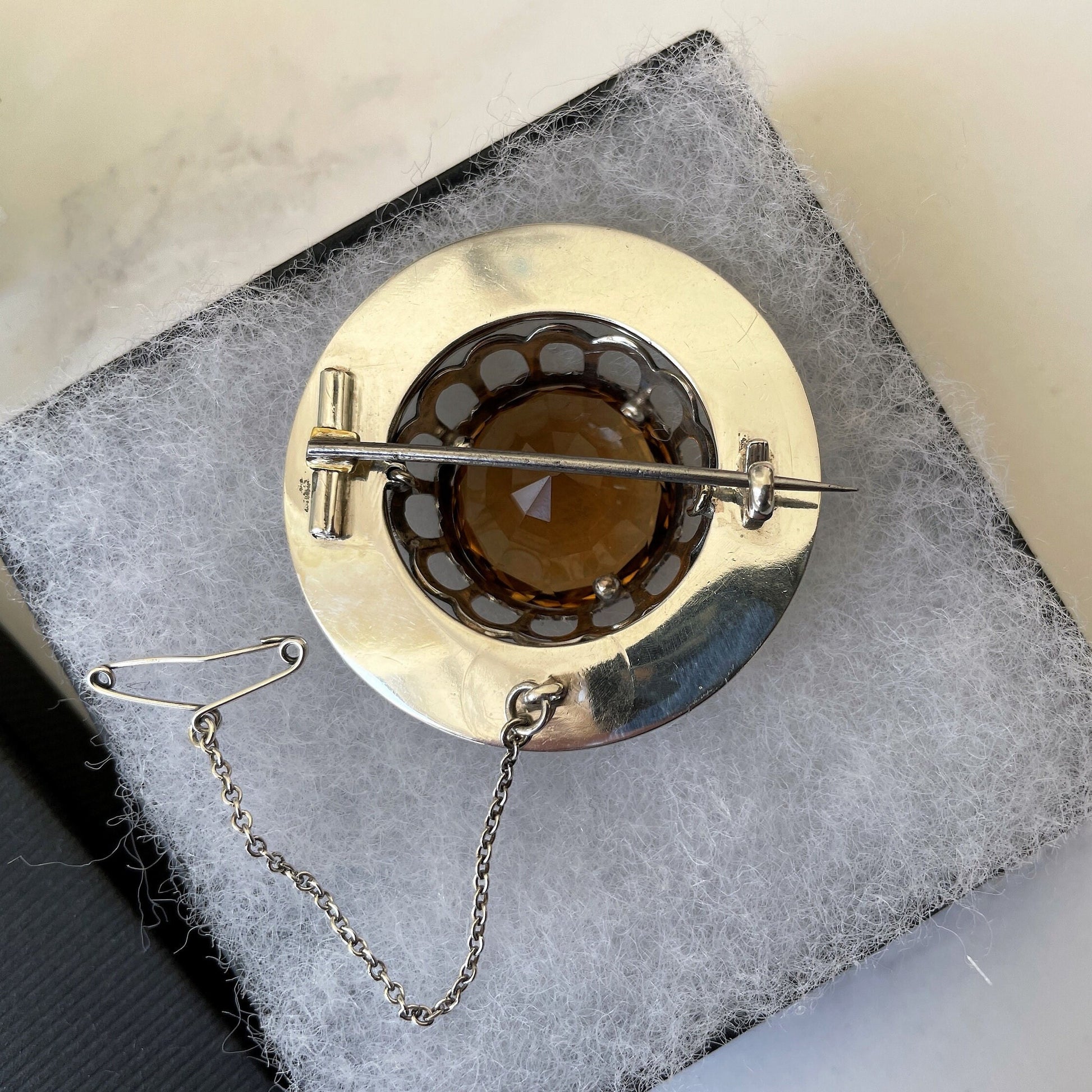 Antique Victorian Scottish Cairngorm Silver Brooch. 24 Ct. Citrine Gemstone Round Brooch. Aesthetic Engraved Silver Tartan Fly Brooch c1860
