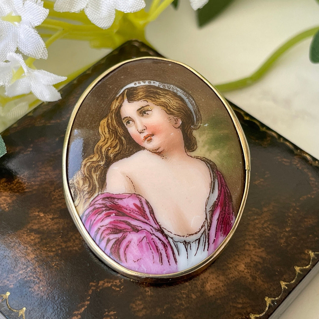 Antique Victorian Hand Painted Miniature Portrait Rolled Gold Brooch. Painted Porcelain Plaque Of A Gypsy Lady. Rolled Gold Portrait Brooch