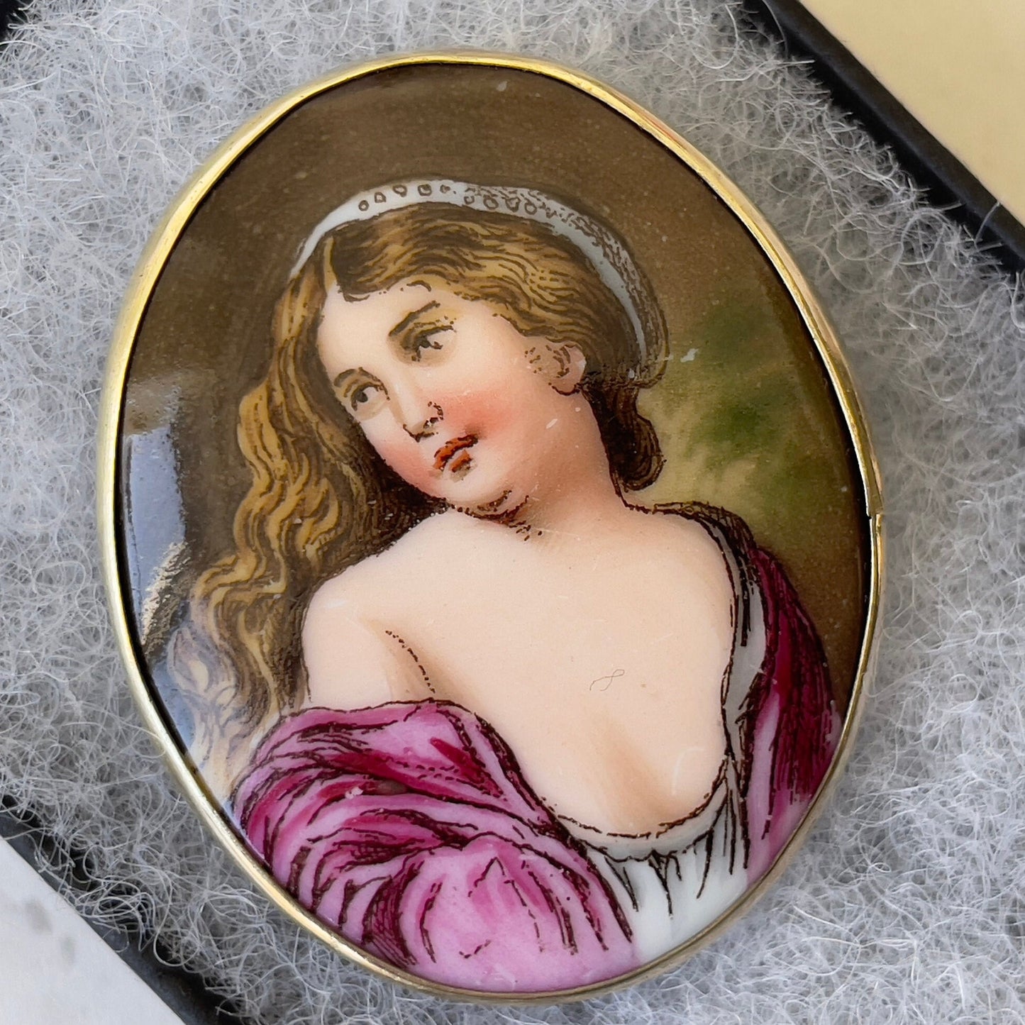 Antique Victorian Hand Painted Miniature Portrait Rolled Gold Brooch. Painted Porcelain Plaque Of A Gypsy Lady. Rolled Gold Portrait Brooch