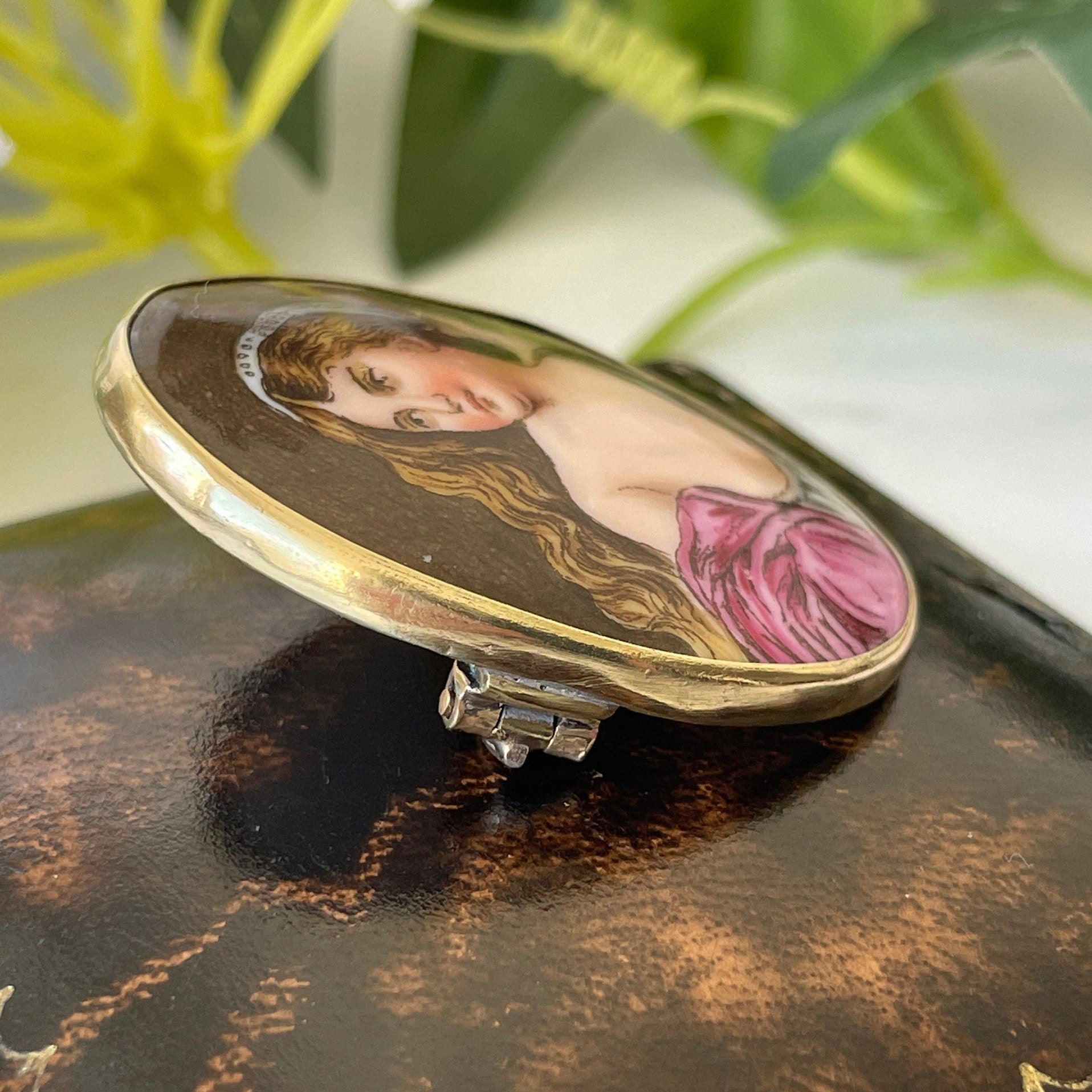 Antique Victorian Hand Painted Miniature Portrait Rolled Gold Brooch. Painted Porcelain Plaque Of A Gypsy Lady. Rolled Gold Portrait Brooch