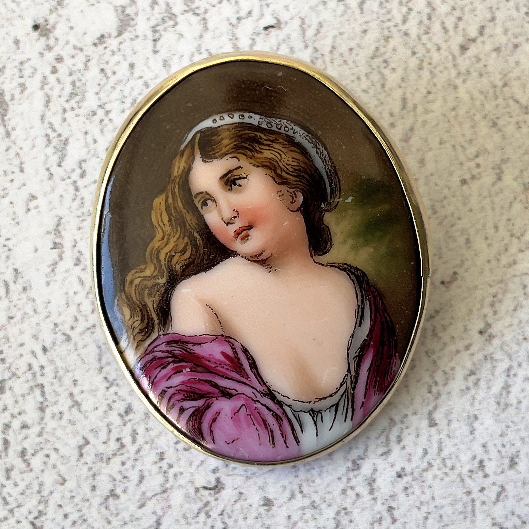 Antique Victorian Hand Painted Miniature Portrait Rolled Gold Brooch. Painted Porcelain Plaque Of A Gypsy Lady. Rolled Gold Portrait Brooch