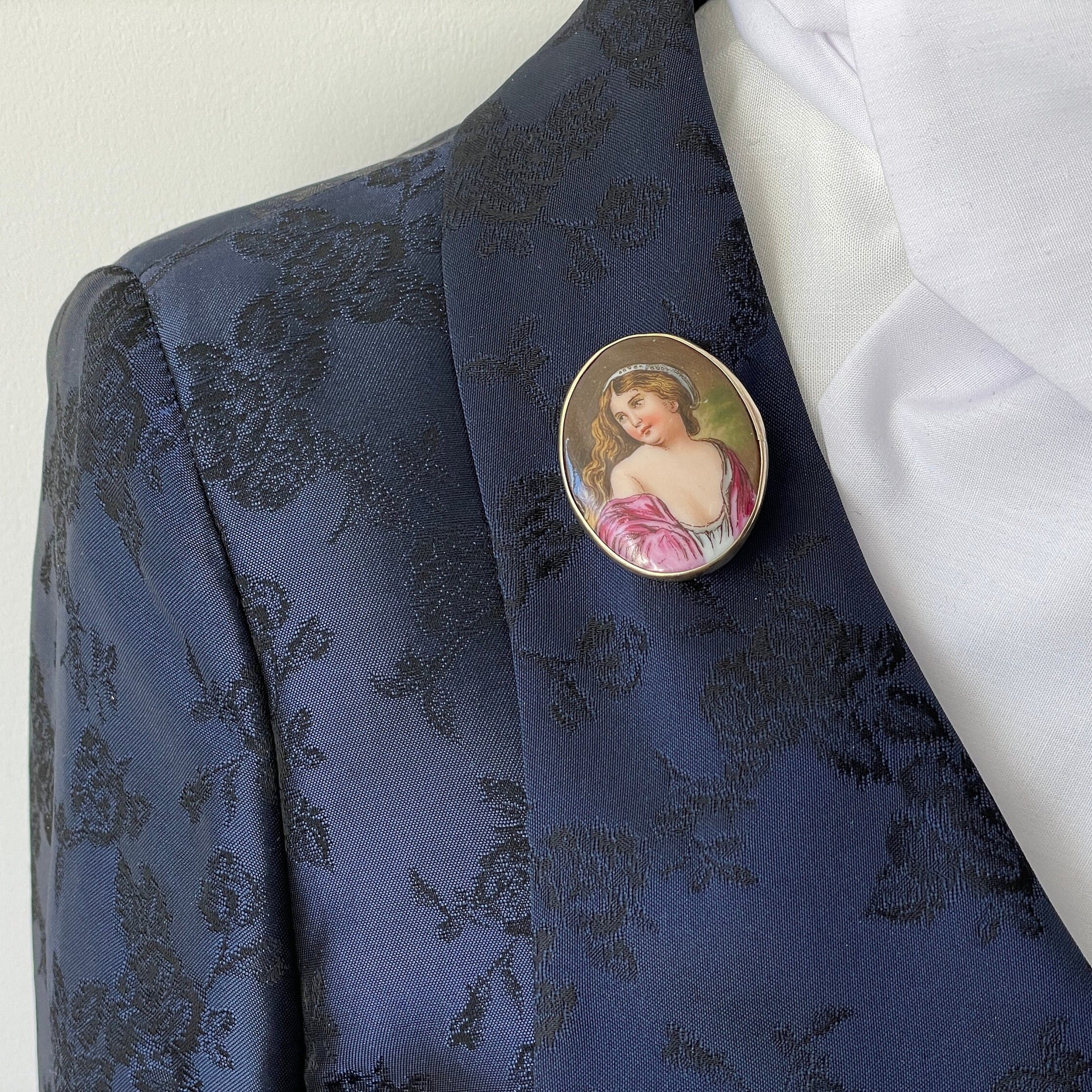 Antique Victorian Hand Painted Miniature Portrait Rolled Gold Brooch. Painted Porcelain Plaque Of A Gypsy Lady. Rolled Gold Portrait Brooch