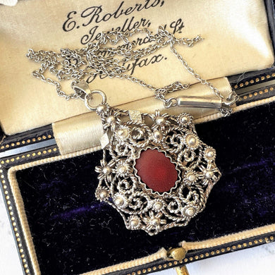 Antique Edwardian Silver Filigree & Coral Pendant Necklace. Victorian Arts and Crafts Sterling Silver Filigree Pendant On Original Chain