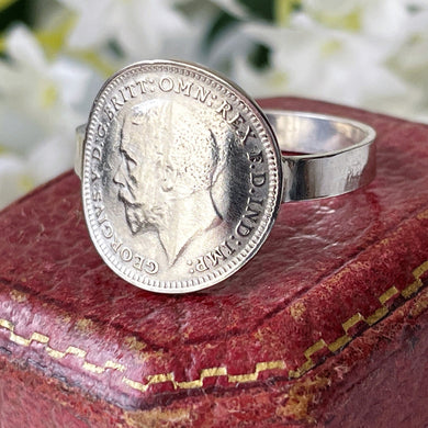 Vintage Sterling Silver Coin Ring. Mens King George Thrupenny Bit Ring, 1936. Silver Maundy Money Ring. Unisex Large Finger Ring Size 9.75/T