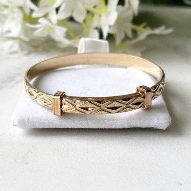 Vintage 9ct Gold Baby Bangle. Diamond Engraved Rolled Gold Childs Bracelet. English Expanding Adjustable Bangle. Baptismal, Christening Gift