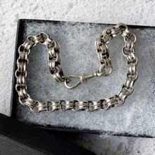 Load image into Gallery viewer, Antique Victorian Silver Watch Chain Bracelet.  Sterling Silver Fancy Belcher Chain Bracelet With Dog Clip. Antique Victorian Jewelry
