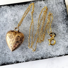 Load image into Gallery viewer, Antique Victorian Rolled Gold Heart Pendant Necklace. Engraved Rose Sweetheart Pendant Charm &amp; Chain. Minimalist Antique Pendant.
