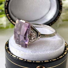 Load image into Gallery viewer, Antique Art Deco Amethyst Silver Ring. Pointed Baguette Cut Purple Amethyst &amp; White Topaz Gemstone Ring. 1920s Gemstone Ring, UK M, US 6.25
