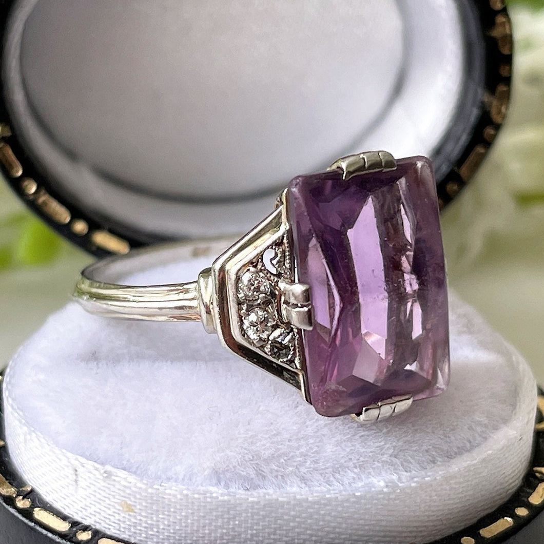 Antique Art Deco Amethyst Silver Ring. Pointed Baguette Cut Purple Amethyst & White Topaz Gemstone Ring. 1920s Gemstone Ring, UK M, US 6.25