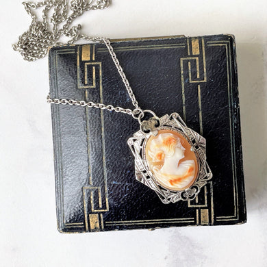 Antique Sterling Silver Carved Shell Cameo Necklace. Edwardian Art Nouveau Cameo Pendant & Chain Necklace. Antique Edwardian Jewellery