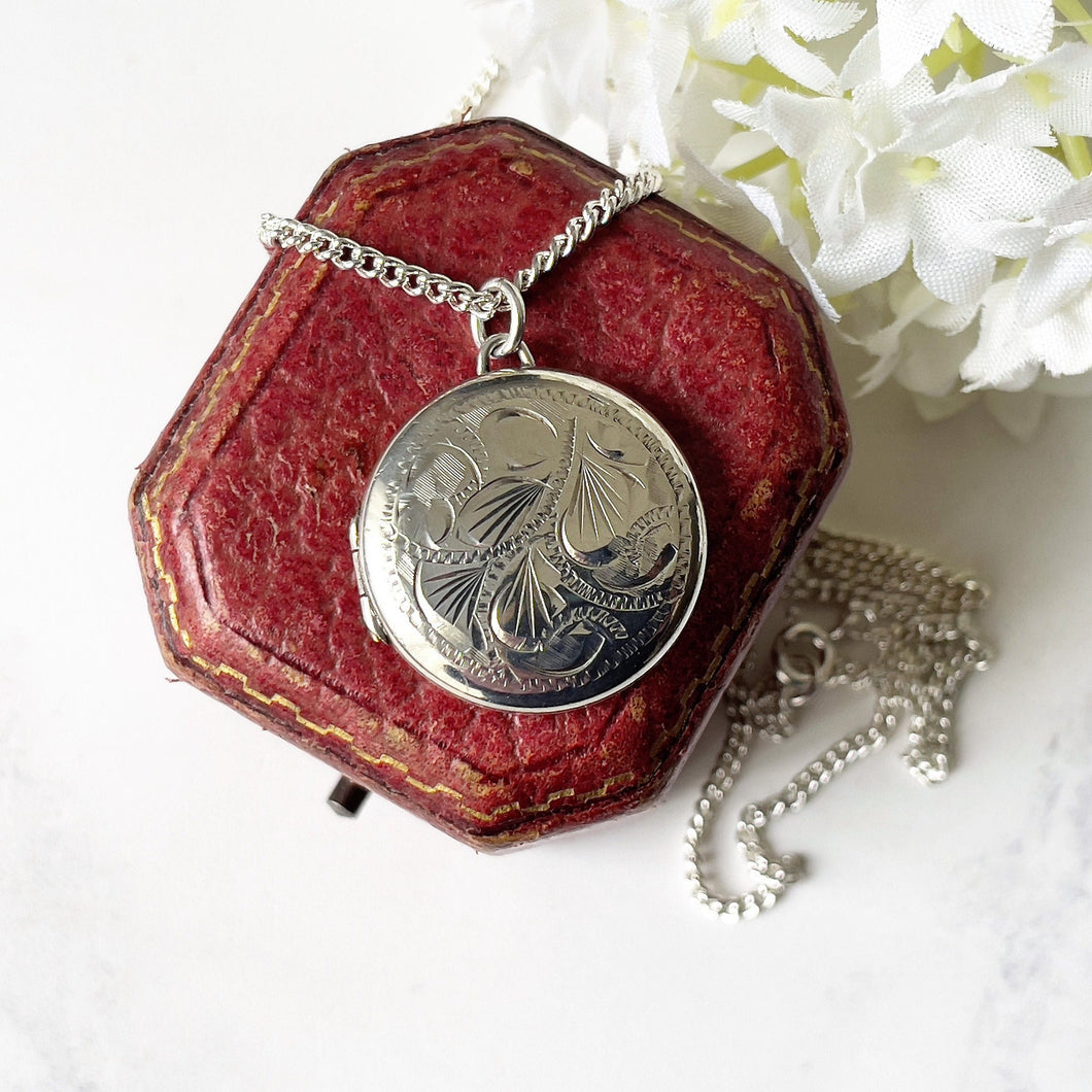 Vintage Sterling Silver English Locket Necklace. Floral Engraved Round Photo Locket & Curb Chain. 1970s Victorian Revival Locket Necklace