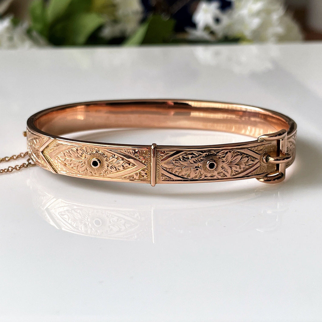 Antique Victorian Solid 9ct Gold Buckle Bangle. Aesthetic Engraved Daisy Bracelet, Hallmarked 1848. Antique English Rose Gold Cuff Bracelet