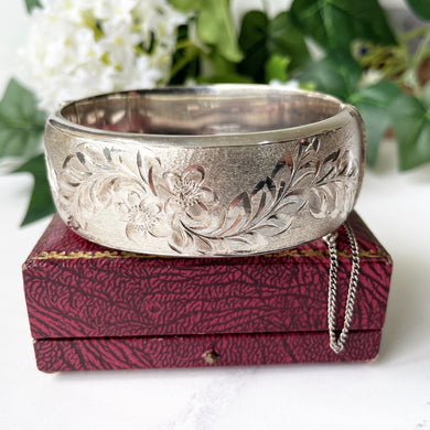 Vintage Harrods of London Sterling Silver Hinged Bangle. Engraved Forget-Me-Not English Silver Wide Cuff Bracelet, 1967. Sweetheart Bracelet