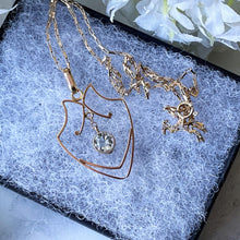 Lade das Bild in den Galerie-Viewer, Edwardian 9ct Gold Aquamarine Pendant Necklace. Art Nouveau Gold Openwork Necklace. Antique Pale Blue Gemstone Solitaire Pendant &amp; Chain.
