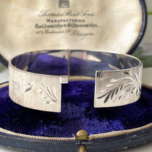 Load image into Gallery viewer, Vintage Floral Engraved Sterling Silver Bangle Bracelet. 1970s Sweetheart Bangle With Oversized British Hallmarks. Retro Statement Bracelet
