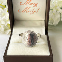 Load image into Gallery viewer, Vintage Sterling Silver Coin Ring. Mens King George Thrupenny Bit Ring, 1936. Silver Maundy Money Ring. Unisex Large Finger Ring Size 9.75/T

