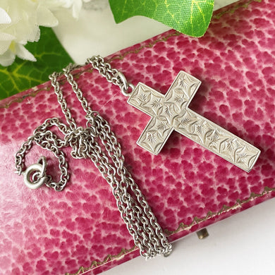 Antique Victorian Sterling Silver Engraved Ivy Cross Pendant Necklace. Eternal Love Cross Pendant, Belcher Chain, Frances Baker, England