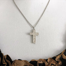 Load image into Gallery viewer, Antique Victorian Sterling Silver Engraved Ivy Cross Pendant Necklace. Eternal Love Cross Pendant, Belcher Chain, Frances Baker, England
