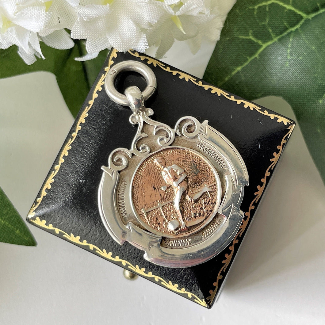 Antique Sterling Silver & 9ct Gold Pendant Fob. 1920s English Football Award Medallion. Art Deco Pocket Watch Fob, Layering Necklace Pendant