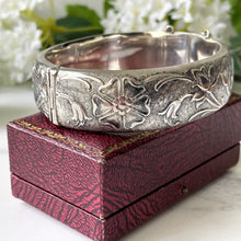 Load image into Gallery viewer, Vintage Sterling Silver Engraved Tudor Rose Bracelet. Harrods of London Wide Hinged Bangle, 1971 Hallmark. Art Nouveau Style Floral Cuff
