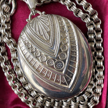 Load image into Gallery viewer, Victorian Baroque Sterling Silver Book Chain Locket Necklace With Period Photos. Antique English Locket &amp; Chain, Payton Paxton, Chester 1882
